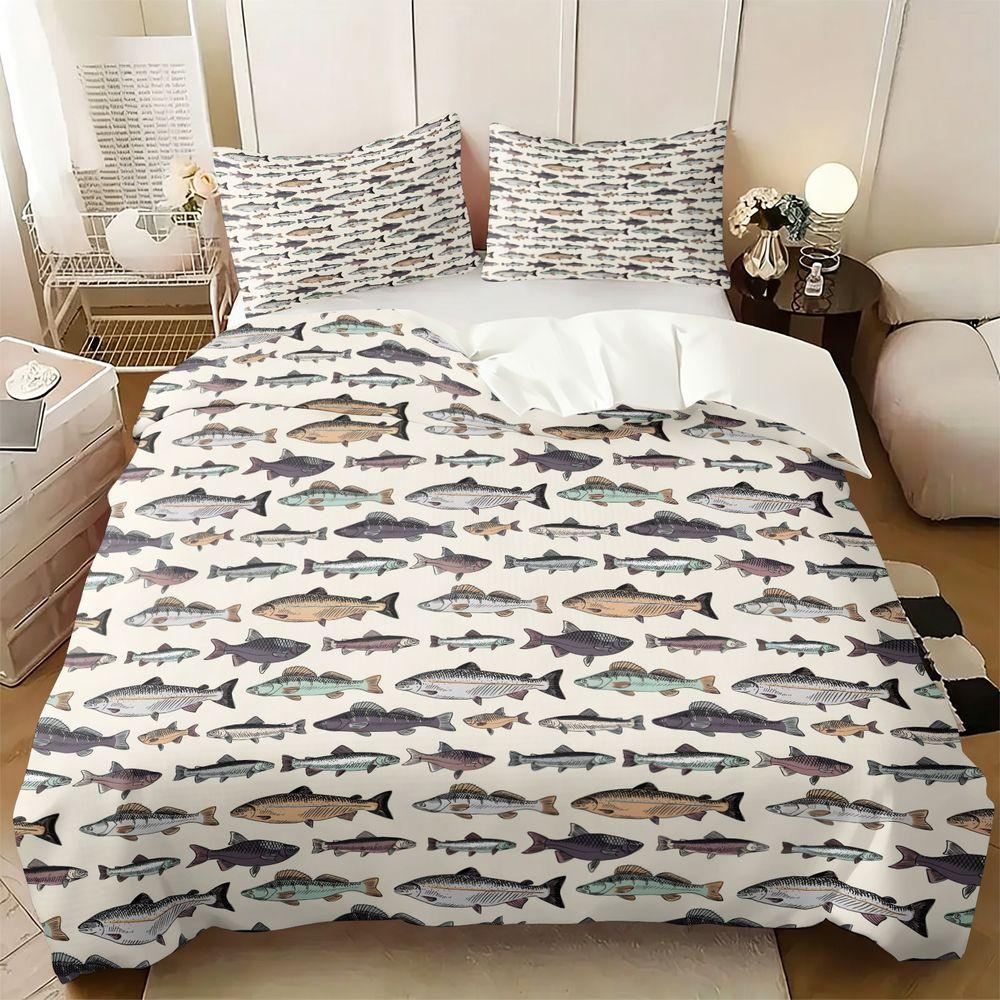 Vintage Fish Print Duvet Cover Set(1 Duvet Cover & 1/2 Pillowcase) Soft Bedding Set For Bedroom Fishing Theme Decor