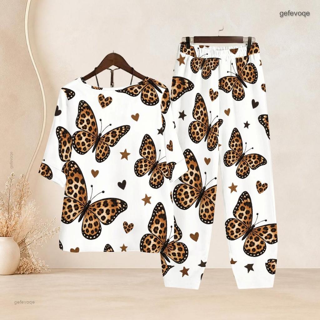 Women Plus Size White Printed Two Piece Set Crew Neck Half Sleeve Top Cross Hem Pants