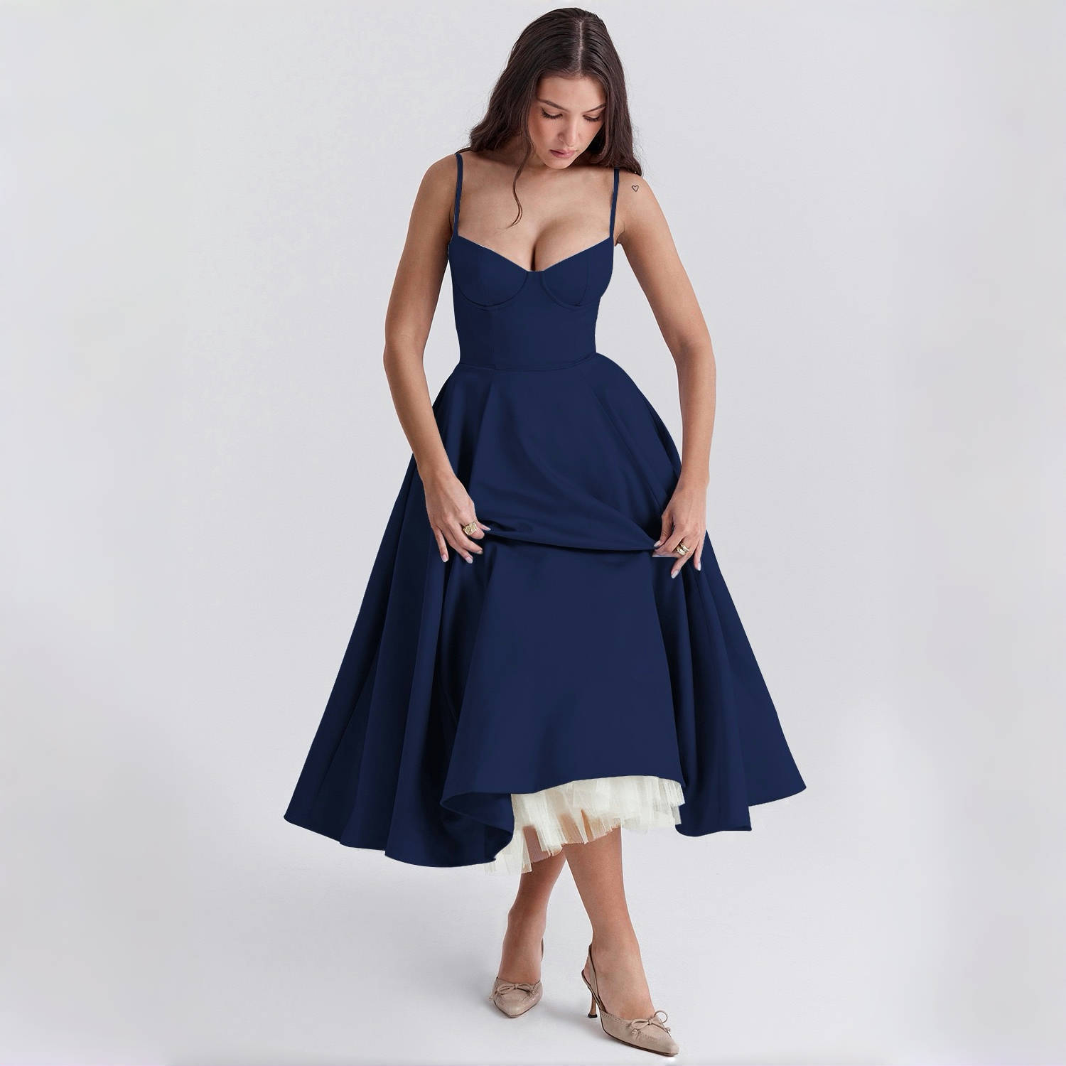 

LYRIA Elegant Flower Print Spaghetti Strap Princess Dresses Women Sexy Low Cut Backless Mesh Double Layer Hem Dress Lady Party Vestido XXL світло-рожевий колір