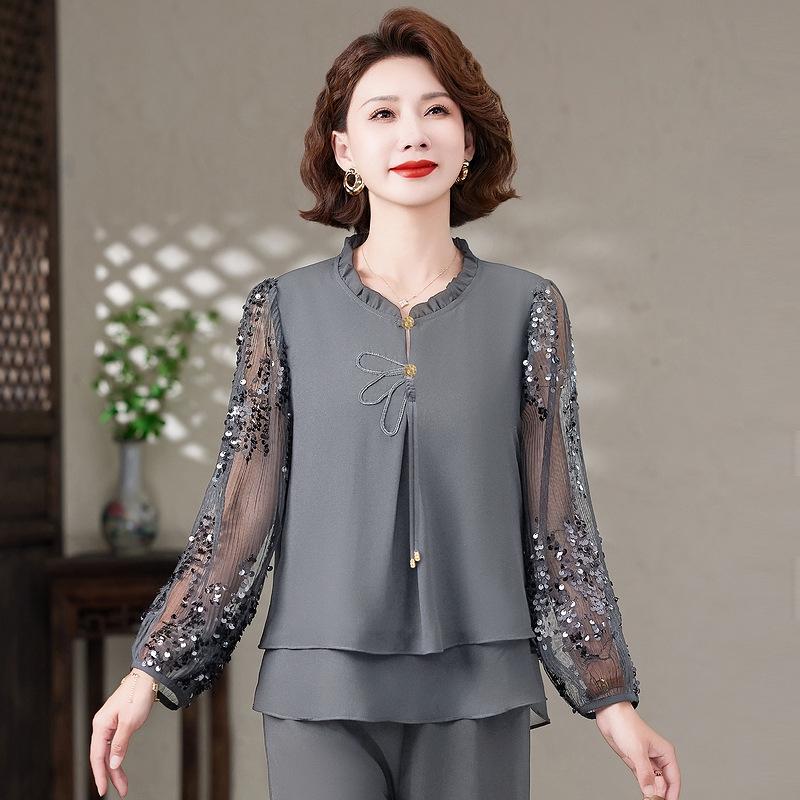 

Elegant & Stylish 2026 Summer Two-Piece Set for Middle-Aged and Elderly Women – Fashionable Shirt & Outfit 3XL (Recommended 120-135 jin) сірий колір