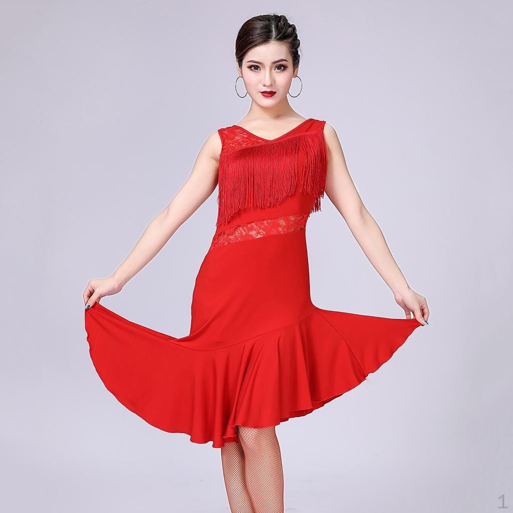 

Сукня-шорти без рукавів з порожньою талією та китицями, костюм для латиноамериканських танців, асиметричний поділ M червоний