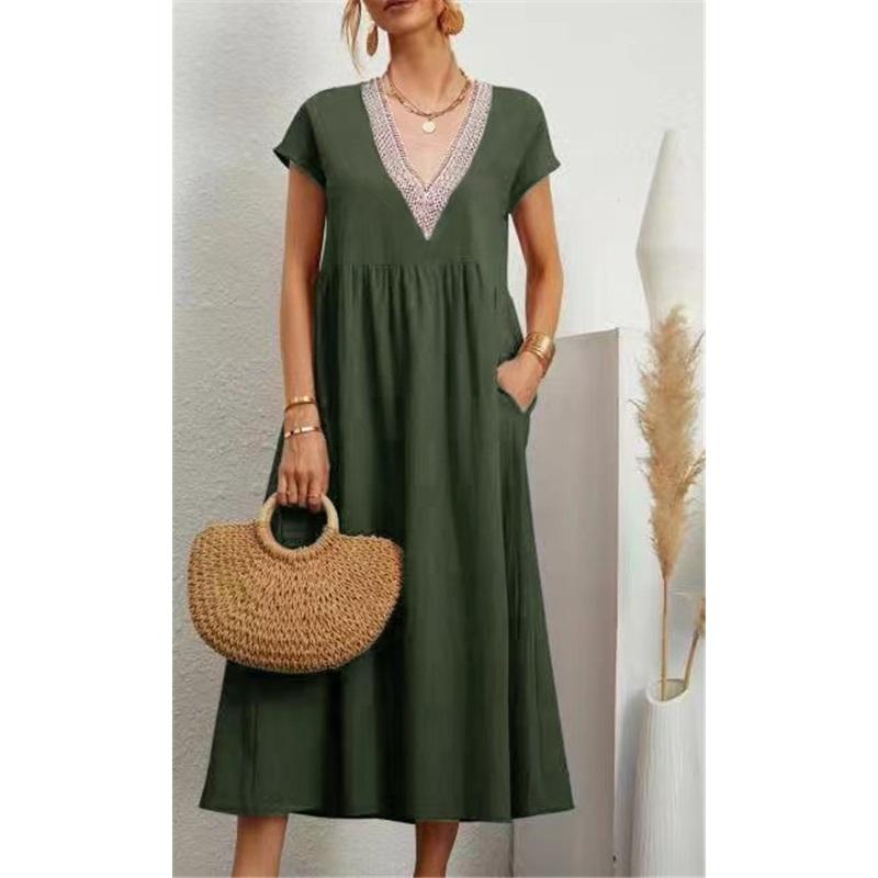 European And American Style Ladies Summer New Product Lace V-neck Loose Cotton And Linen Pocket Dress