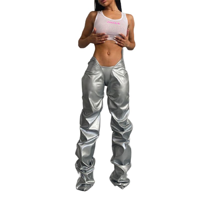 Western Style 2023 Women clothes New Fashion Pleat Pu Imitation Leather Sexy Low Waist Street Shot Straight Casual Trousers