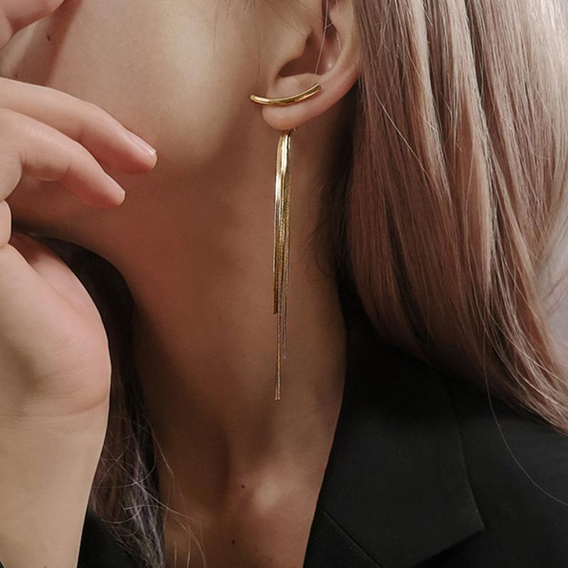 Vintage Glossy Arc Bar Long Tassel Drop Earrings for Women Gold Color Geometric Jewelry Luxury Hanging Pendientes