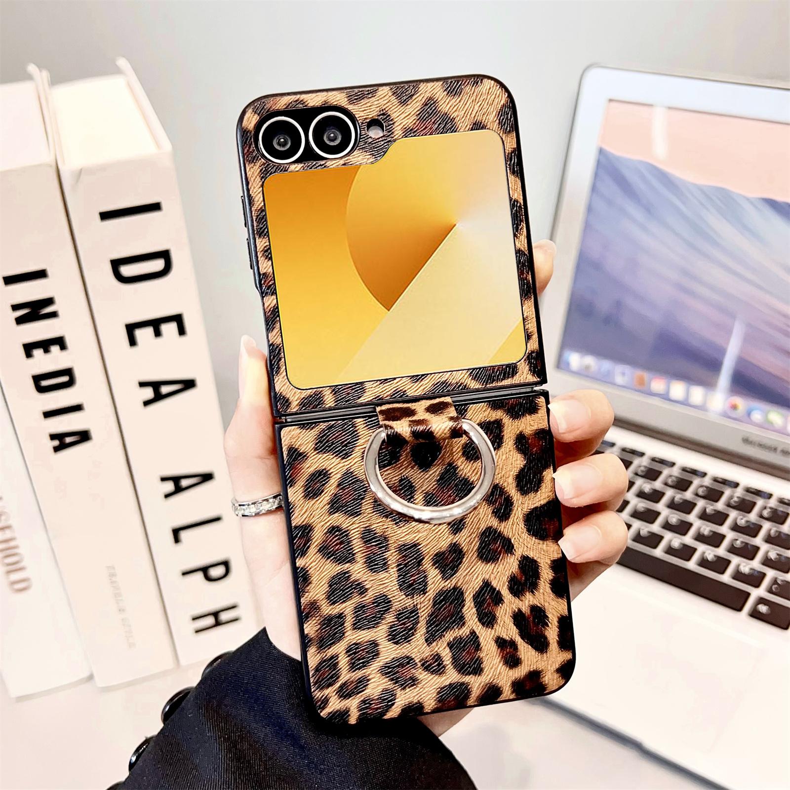 

For Samsung Galaxy Z Flip6 5G Case Ring Holder Hard PC Protective Phone Cover Leopard Print