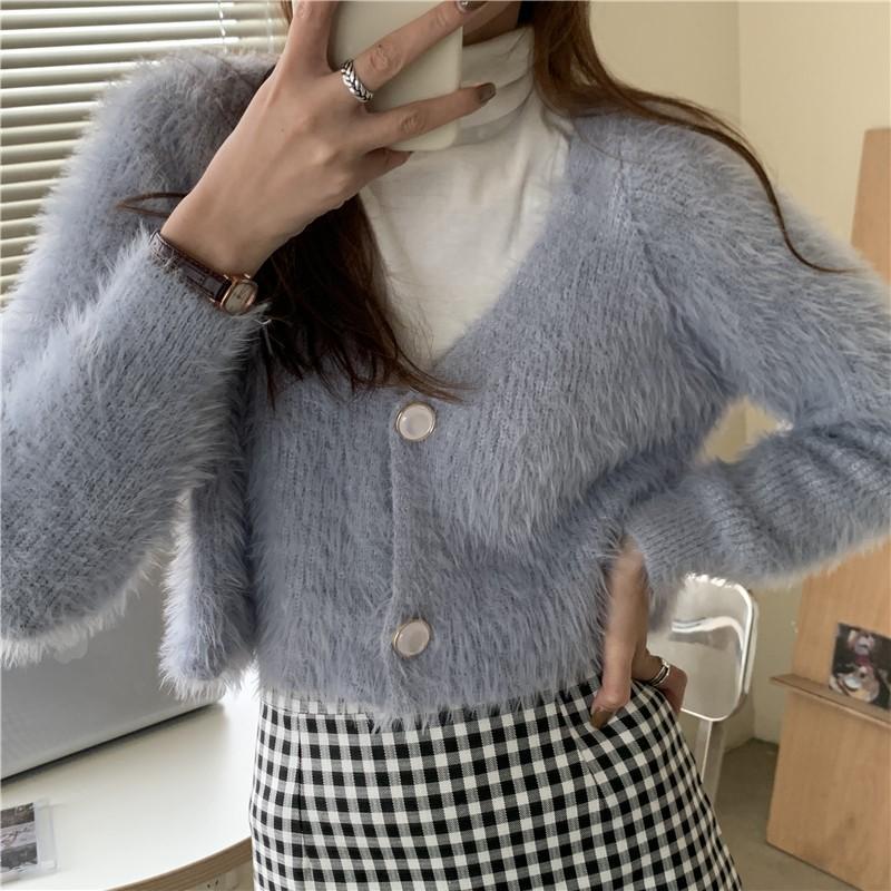 Spring Autumn Women V-neck Imitation Mink Fur Soft Mohair Knitted Sweater Cardigan Coat Short Top