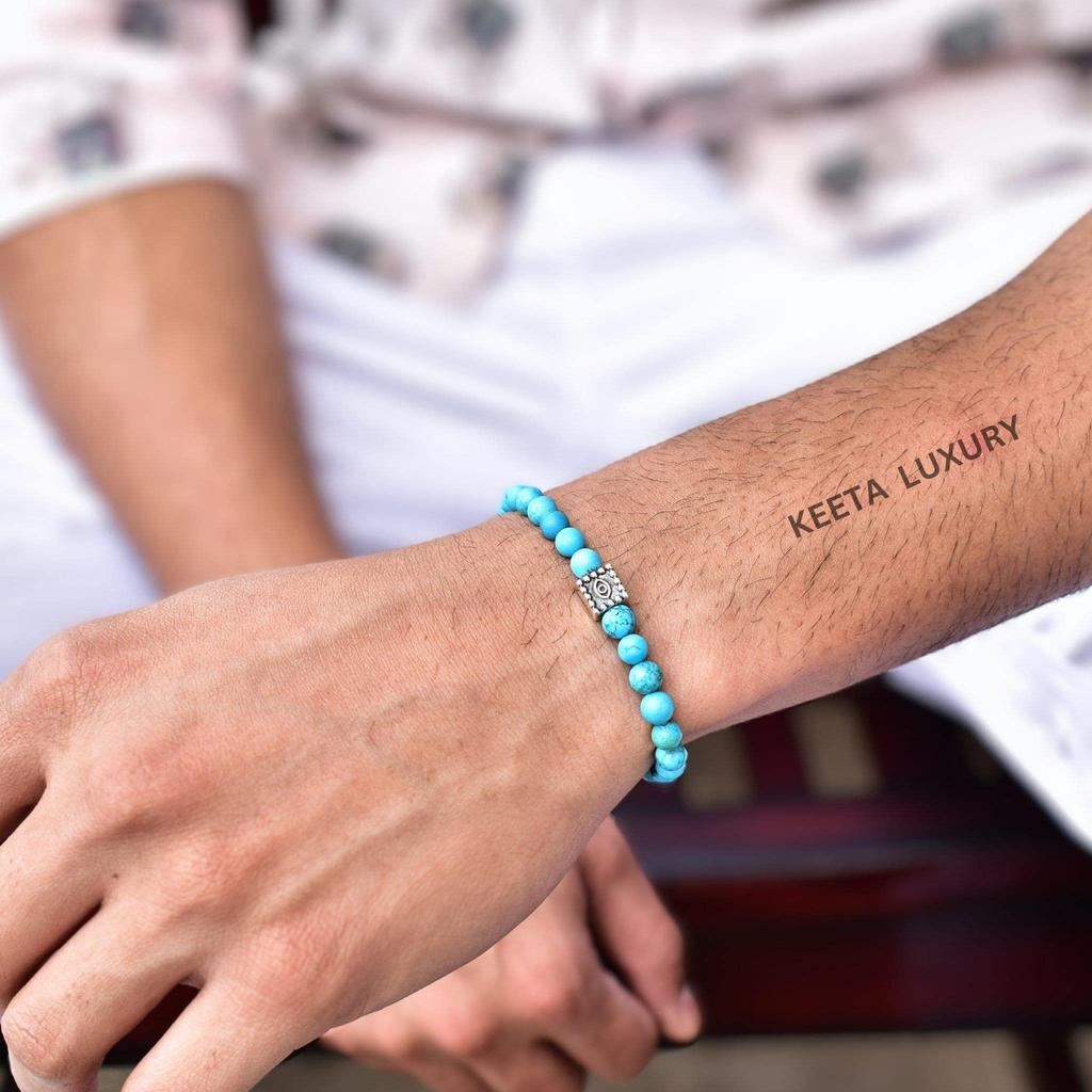Genuine turquoise beaded bracelet Arizona turquoise Evil eye charm beaded bracelet for him Stretchable bracelets Friendship bracelet