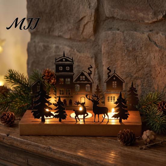 Farmhouse Candle Stand Christmas Town Silhouette Holder, Wooden Tea Light for Holiday Tabletop Decor Decoration, Metal Festive Fireplace and Home