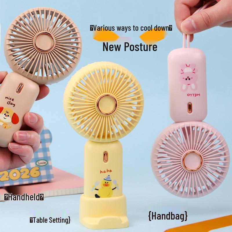 2026 Handheld Cartoon USB Charging Fan with Phone Holder