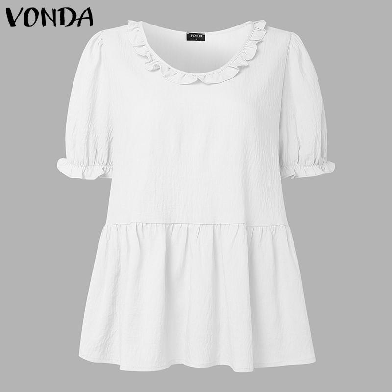 

VONDA Elegant Women V Neck Puff Sleeve Ruffled Casual Loose Blouse S