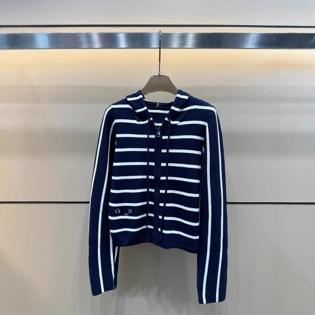 26th Anniversary Embroidery Stripe Knit Zipper Hooded Cardigan - Loose Fit Sweater