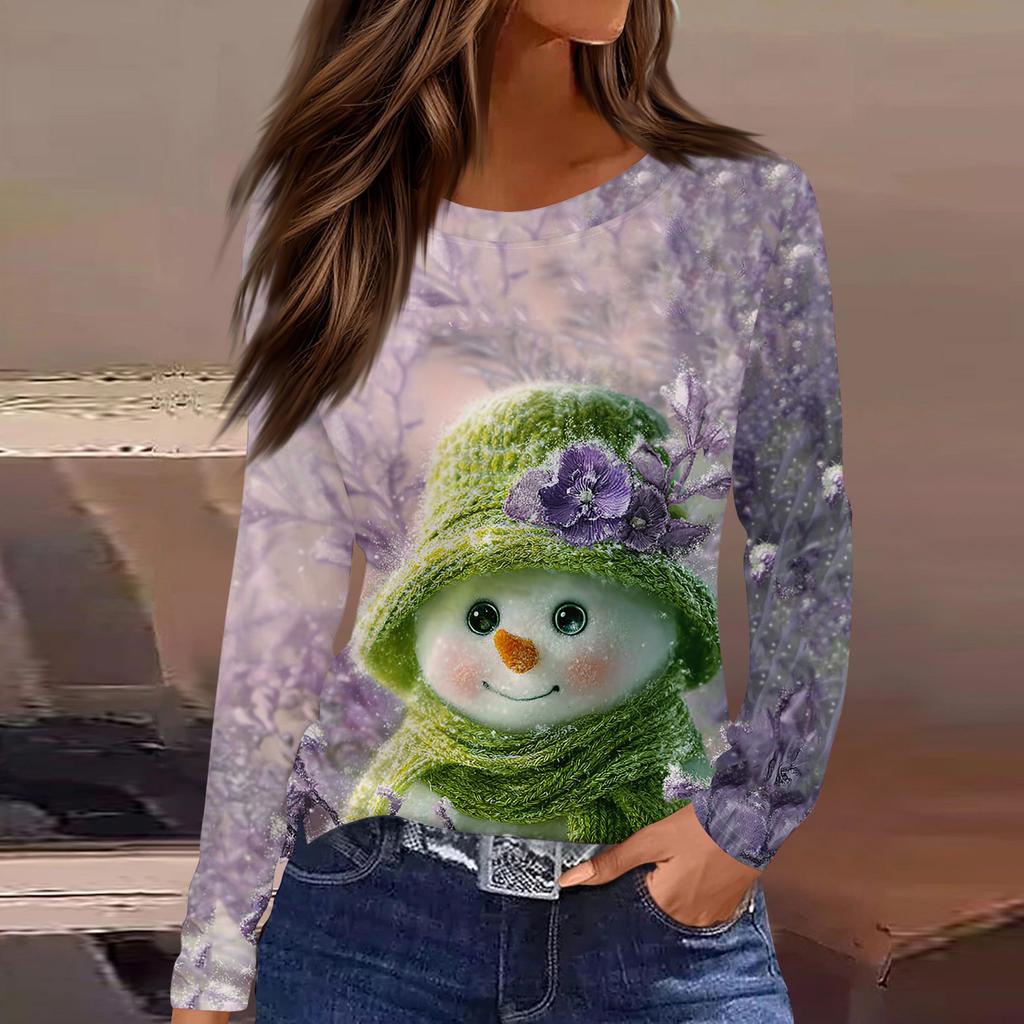 Women's Fashion Casual Slit Hem Round Neck Long Sleeve Loose Printed T-Shirt Ladies Top Christmas