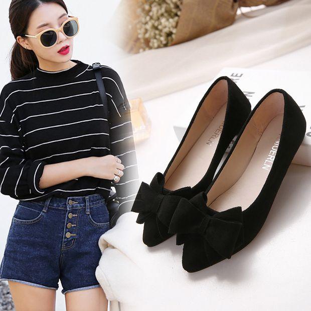 Spring New Single Shoes Women's Shoes Pointed Shallow Mouth Flat Heel Flat Bottom Bow