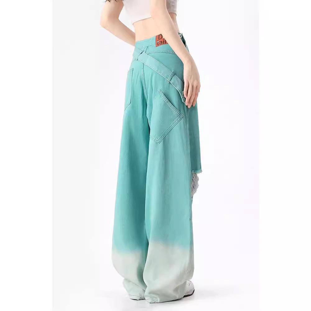 Damen Sommer Retro Mintgrüne Weitbeinige Zerrissene Jeans