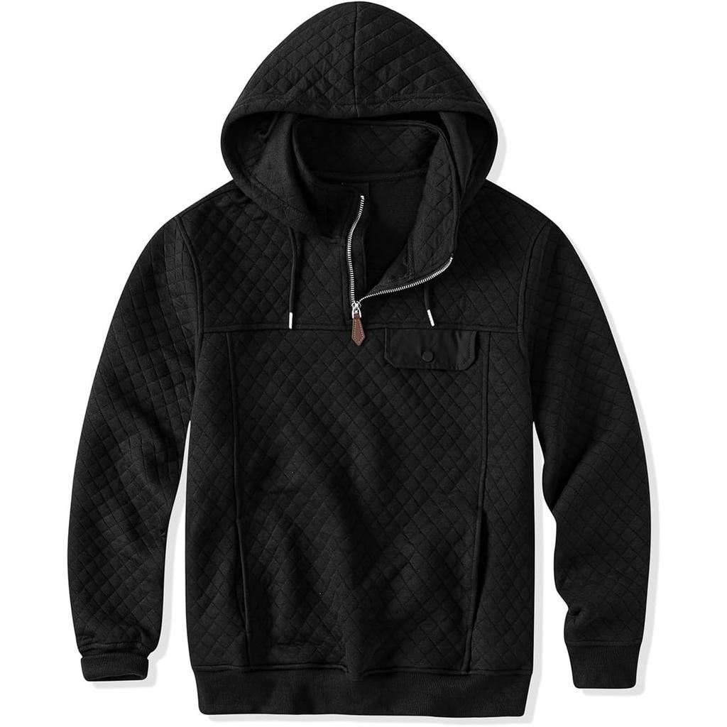 Men's Solid Color Plaid Hooded Sweatshirt Men's Casual Pocket Half Zipper Hooded Sweatshirt