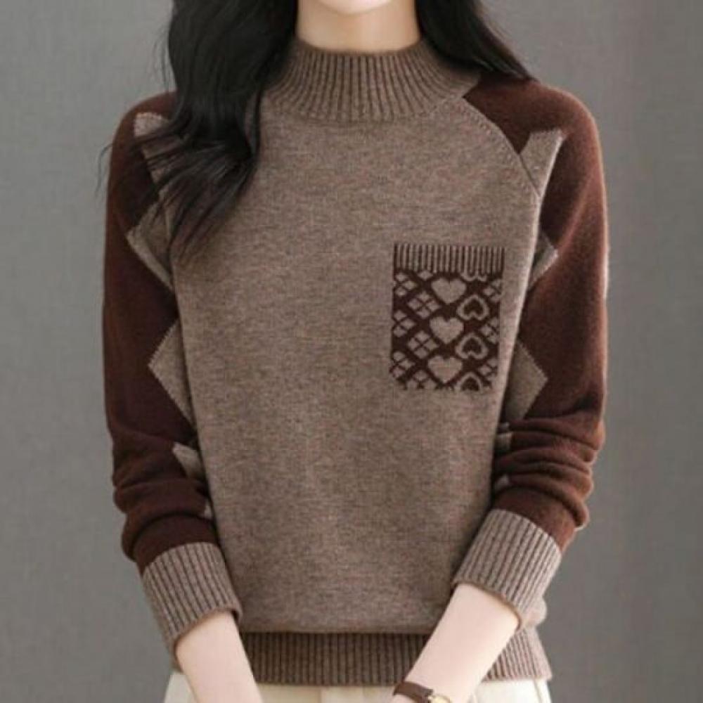 Navava Women Daily Heart Color Point Half Turtleneck Long Sleeve Knit Tee Nk3437