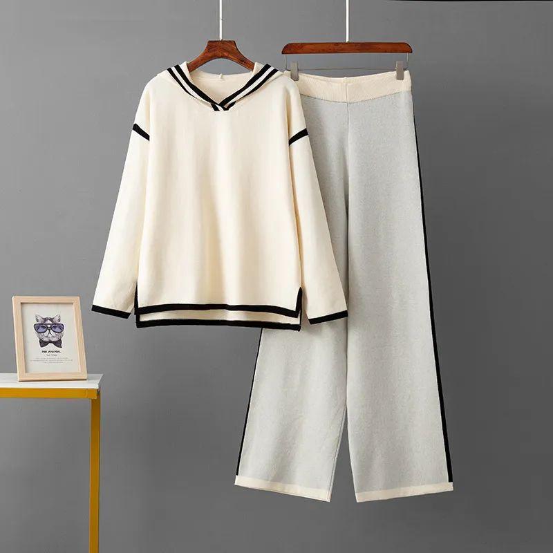 

Cross-Border Foreign Trade Hood Casual Fashion Set Autumn and Winter Loose Woolen Top + High Waist Wide Leg Pants Two-piece Set Women Apricot color One size