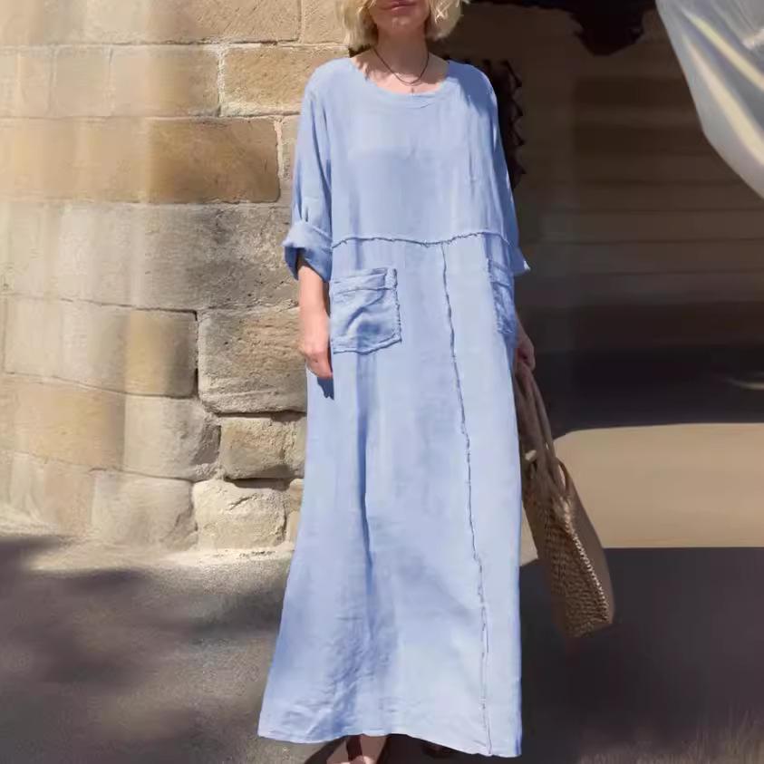 2026 Grenzüberschreitendes Sommer-Freizeitkleid für Damen, Rundhalsausschnitt, Baumwoll-Leinen, Langarm, mit Falten und doppelten Seitentaschen