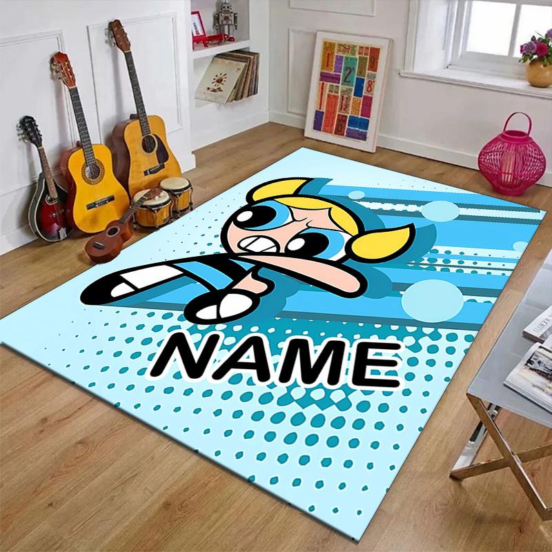 Benutzerdefinierte The Powerpuff Girls Matte mit personalisiertem Namen, waschbarer Polyester-Eingangsbereich-Teppich für den Innenbereich, Geschenk für Weihnachten, Ostern, Thanksgiving