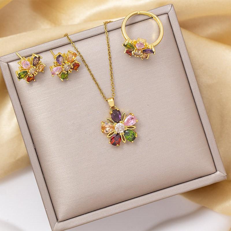 Womens Titanium Steel Jewelry Set Flower Gem Pendant Necklace Earrings Ring Fashion OL Style