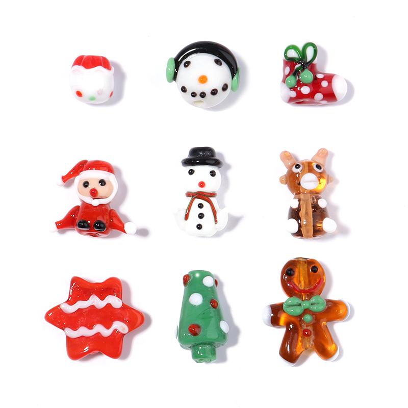2pcs/lot Colorful Christmas Lampwork Beads Cute Santa Claus Snowman Elk Glass Beads For DIY Handmade Bracelet Christmas Gift
