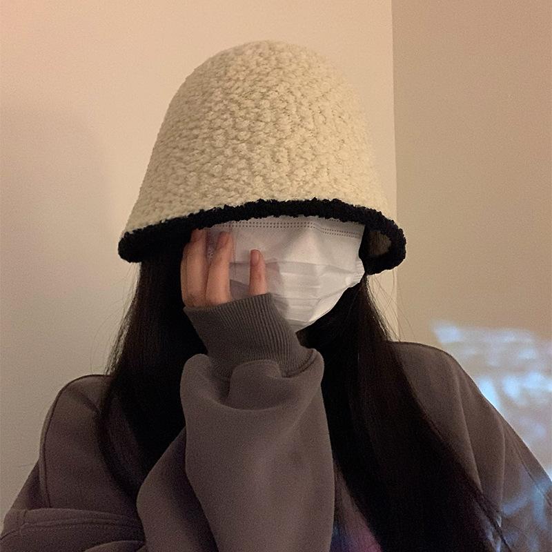 Black Plush Fisherman's Hat Women 2025 Versatile Face Show Small Knitted Bucket Headcircumference