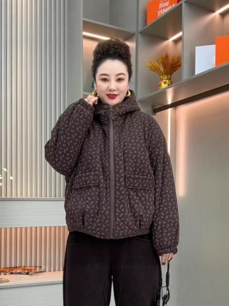 Stylish Floral Print Corduroy Hooded Coat with Velvet Lining and Large Pockets for Middle-Aged and Elderly Women