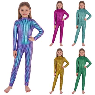 Jumpsuit voor meisjes met metallic visschubbenprint, lange mouwen, onzichtbare ritssluiting aan de achterkant, bodysuit, geschikt voor gymnastiek en dans.
