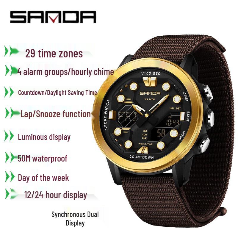 SANDA Multifunction Waterproof Digital Watch with Fluorescent Display, 29 Time Zones, Daylight Saving, 4 Alarms, Student-Friendly