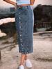 European & American Women's High-Waisted Buttoned Irregular Slit Midi Denim Skirt