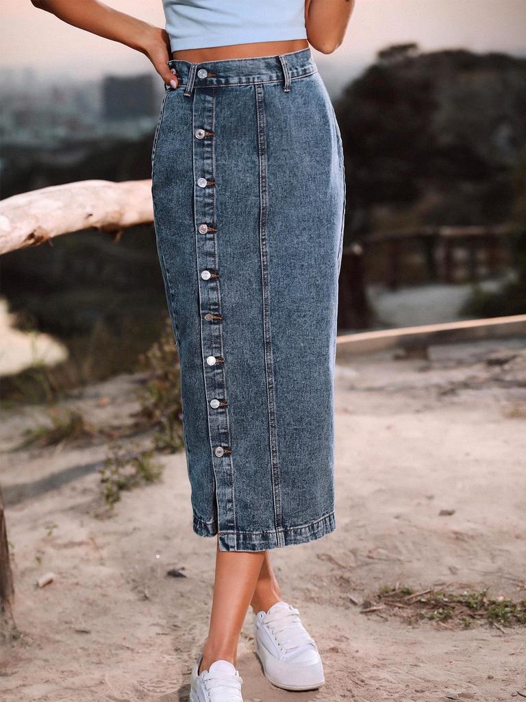 European & American Women's High-Waisted Buttoned Irregular Slit Midi Denim Skirt