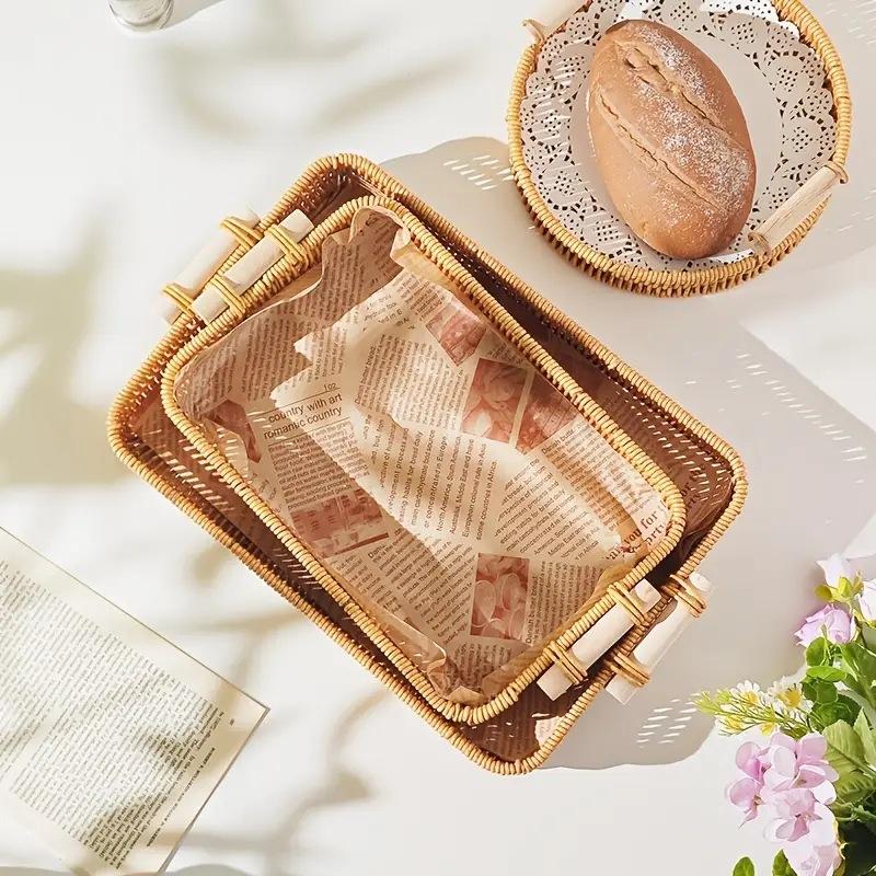 Multi-Use Pp Woven Storage Basket With Wooden Handle Modern Rectangular Shallow Bin For Living Room Bedroom Kitchen Hotel Servic