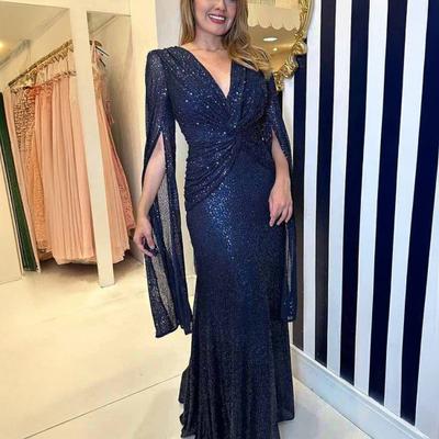 Women's Sequin Prom Dress Long Cape Sleeve Front Twist Knot Maxi Dress Sparkly V Neck Formal Evening Party Wedding Gown