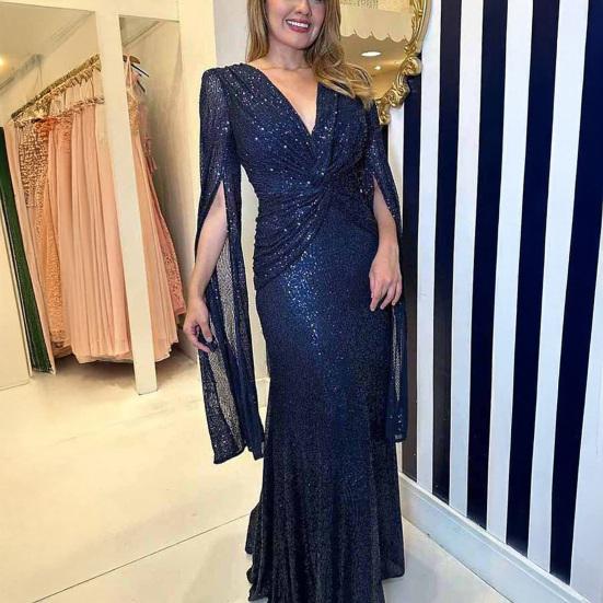 Women's Sequin Prom Dress Long Cape Sleeve Front Twist Knot Maxi Dress Sparkly V Neck Formal Evening Party Wedding Gown