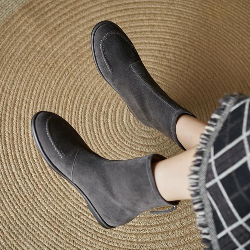 Fashion 2025 NEW Autumn Women Boots Sheep Suede Leather Women Shoes Round Toe Low Heel Shoes Slip-on Chelsea Boots Zipper Short Boots