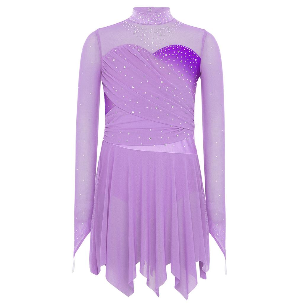 Girls Lyrical Dance Costume Mock Neck Long Sleeve Sparkly Rhinestones Mesh Dress