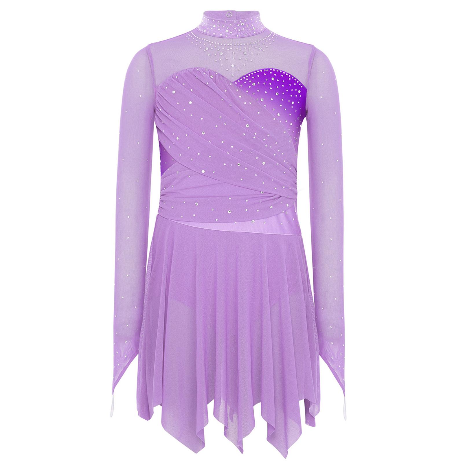 Mädchen Lyrical Tanzkostüm Stehkragen Langarm Glitzernde Strasssteine Netzkleid 5-6 Years lavendel