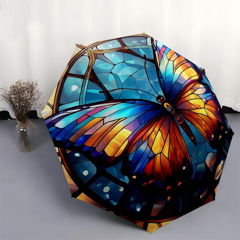 1pc Stained Glass Butterfly Design Automatic Opening Folding Umbrella with 8-Bone Iron Frame - Portable Outdoor for Fans, Travelers, Everyday Use, Fes