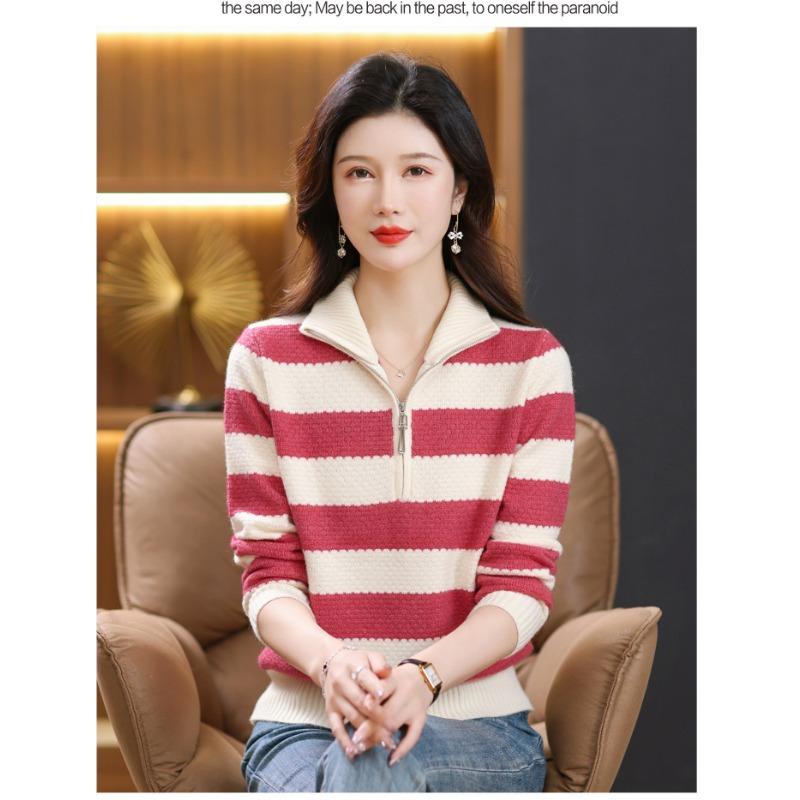 Women's Half-open Zipper-lapel Sweaters, Autumn-winter Striped Turtleneck Tops, Loose and Skinny Knits
