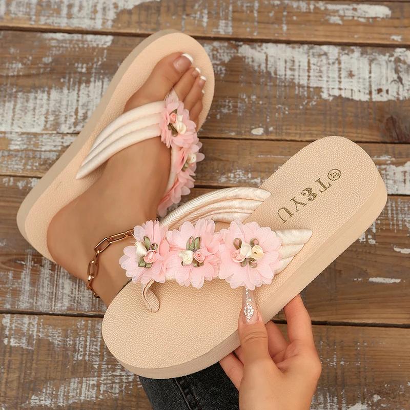 Fashion Fashion Flower Decoration Women's Flip Flops 2025 Summer Comfort Non Slip Beach Slippers Woman Lightweight Clip Toe Flat Sandals