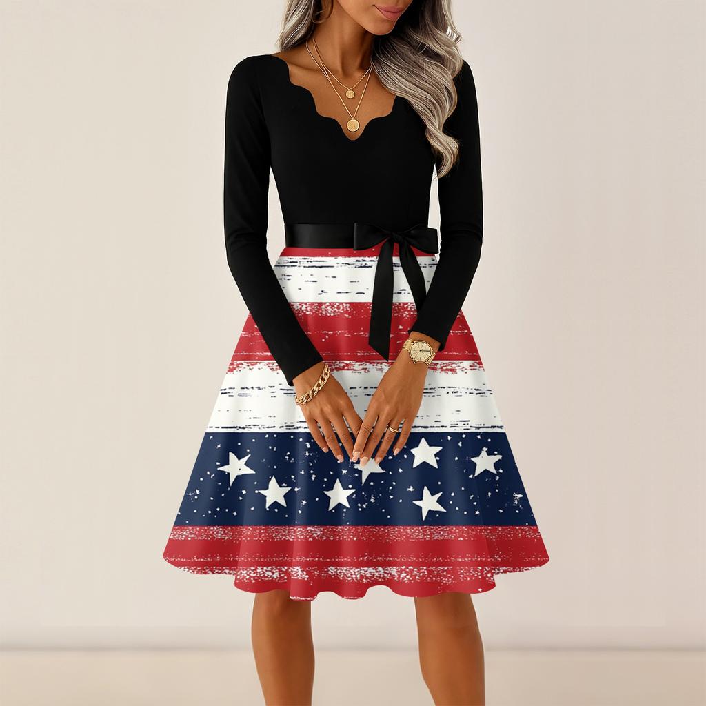 Ladies' Casual and Fashionable V-neck Long Sleeved Retro Independent Day Print Retro Dress