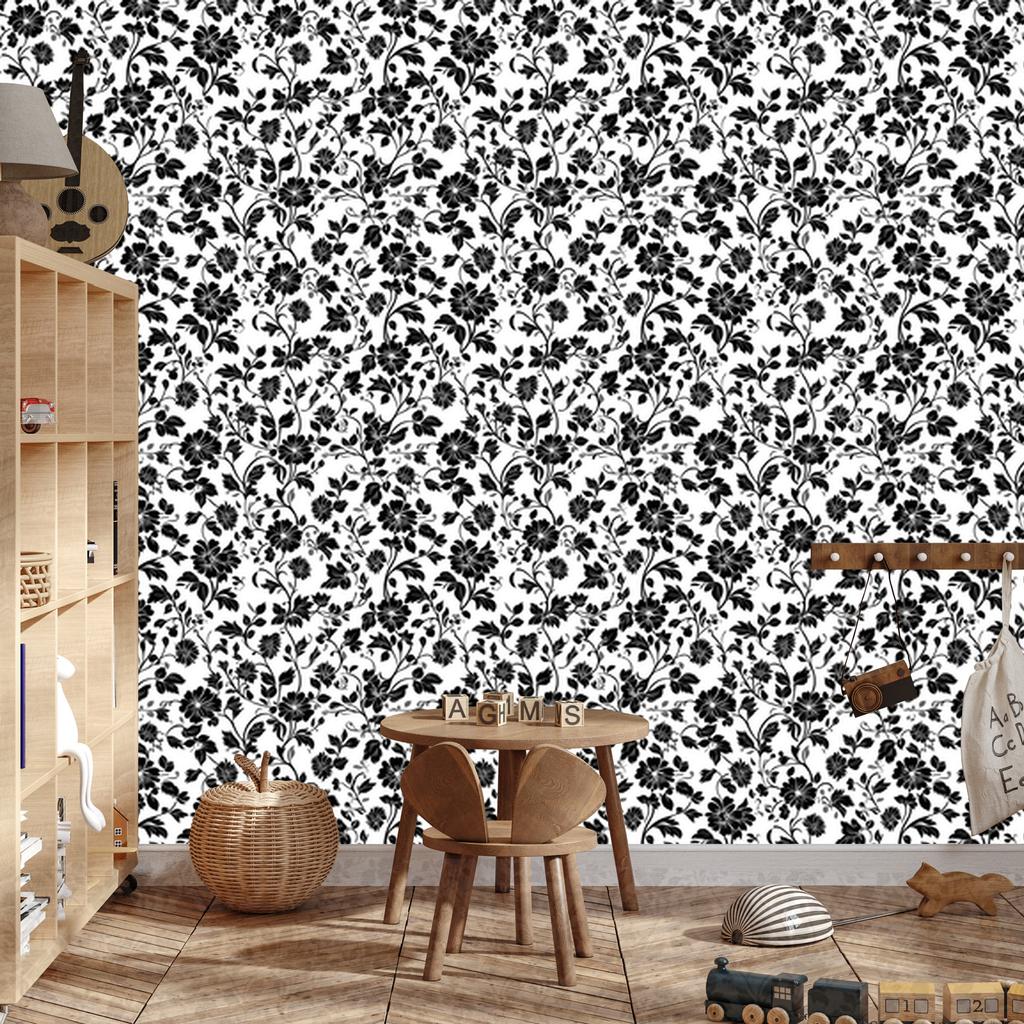 Wallpaper Black and White Flowers Gray and Graphite for Living Room and Bedroom 50x1000