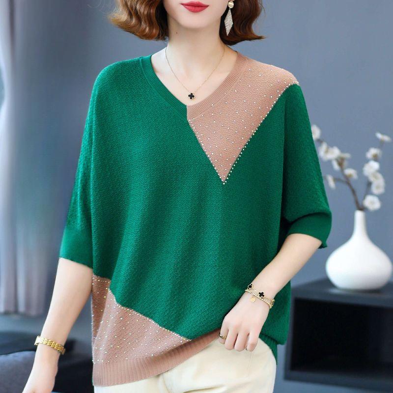 Women's Spring and Summer Plus Size V-neck Blouse Loose Ice Silk Bat Sweater T-shirt Women