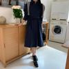 New Arrivals Open Run Women Collar Shirt Ribbon Point Slit Long Dress
