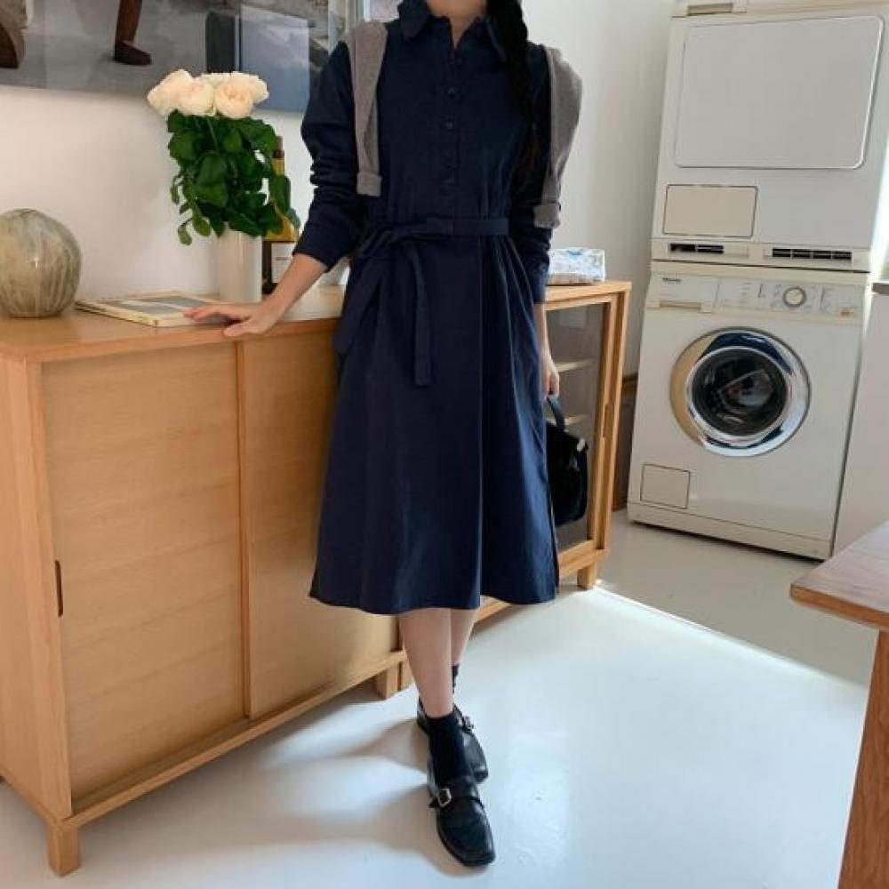 New Arrivals Open Run Women Collar Shirt Ribbon Point Slit Long Dress