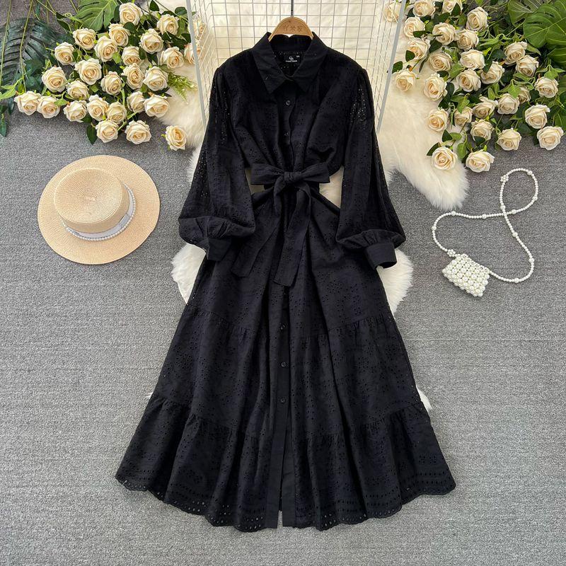 

Retro Long Sleeves Lapel A- line Dress Elegance Embroider Black 2XL