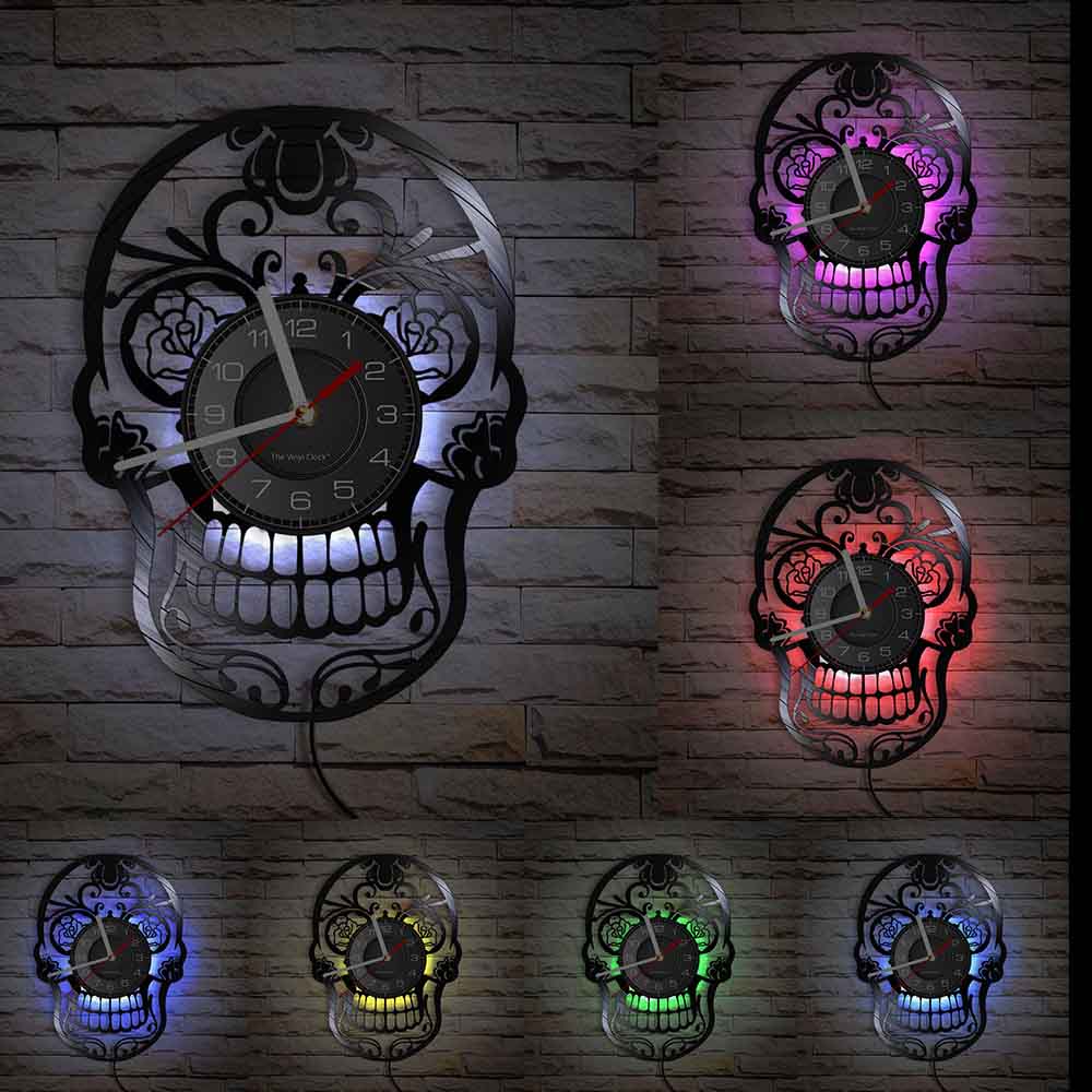 Schädel-Kopf-Vinyl-Schallplatten-Wanduhr im Alter von Skelett-Kopf-Wanduhr, Skelett-Vampir-Männer, Halloween-Dekor, Wandbehang-Uhr