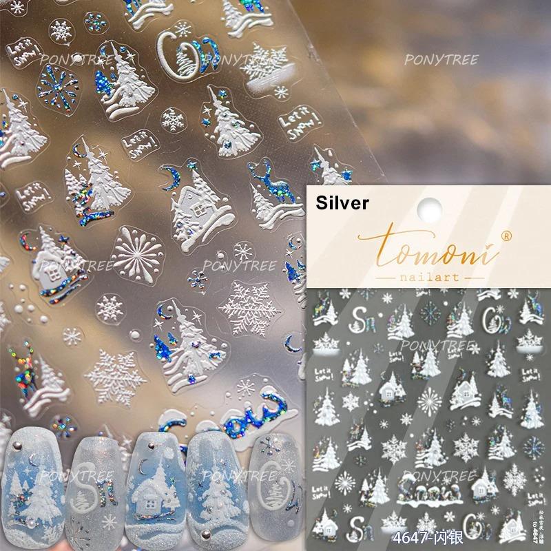 Gold Stamped Snowflake Stars White Christmas Tree Red Bowknot Cute 3D Nail Art Stickers Xmas Lovely Manicure Decals