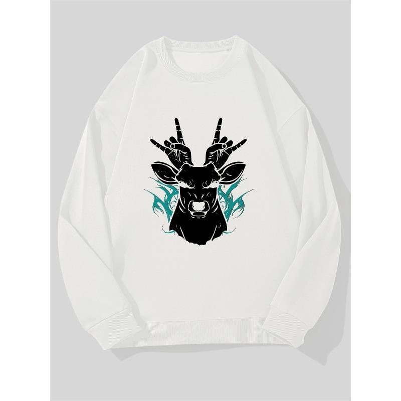 Men'S Loose-Fit Rock Hand Gesture & Deer Logo Sweater - Round Neck Pullover With Deer Graphic, For Rock Fans And Casual Attire.