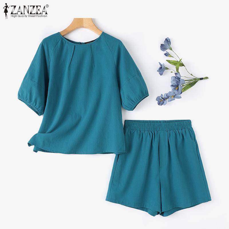 ZANZEA Lässiges Zweiteiler-Set aus Bluse und Shorts für Damen mit halblangen Ärmeln
